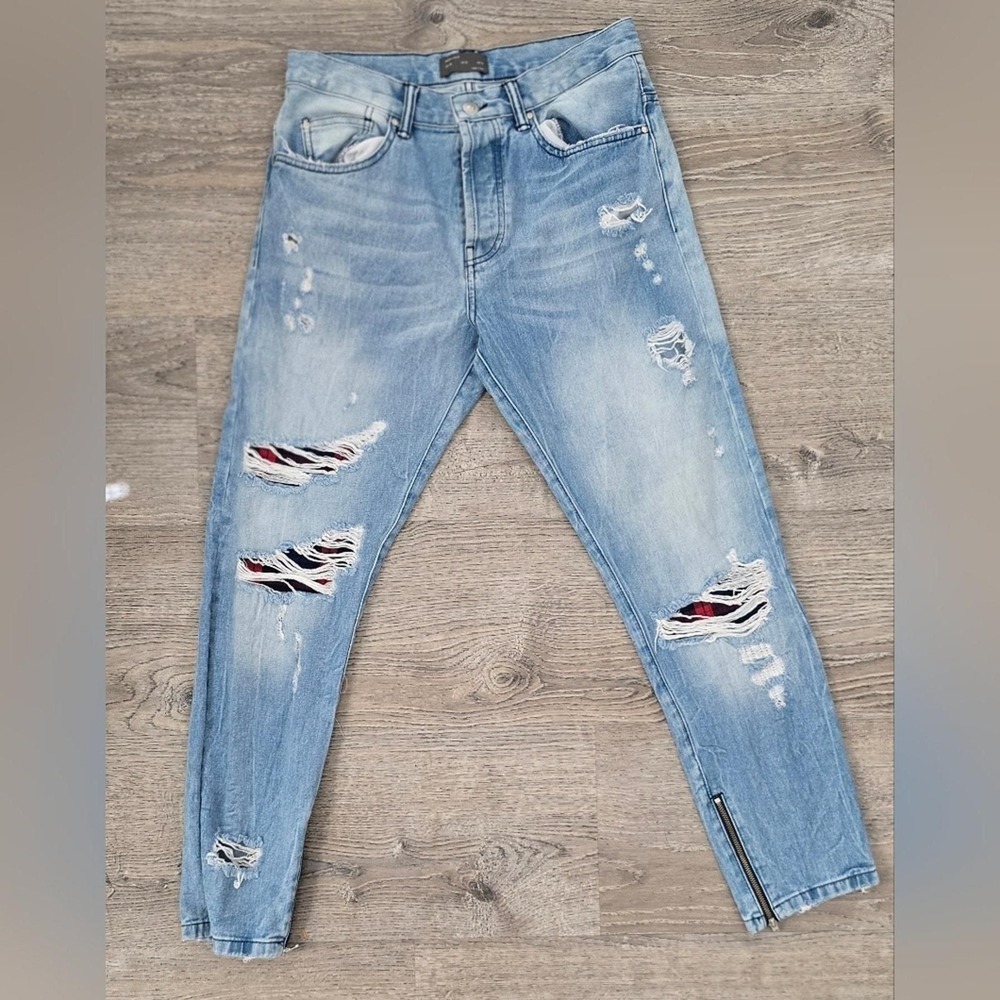Zara Jeans Mens 30 Light Blue Excellent Distressed Plaid Patch Ankle Zip